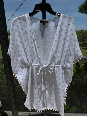 Club Z Collection sheer silver & White Pom-Pom Swim Coverup Tunic